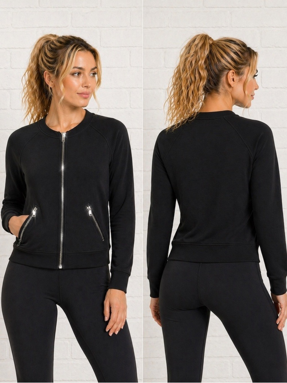 BLACK fleece Sports workout jacket front zip up  running training yoga black XS